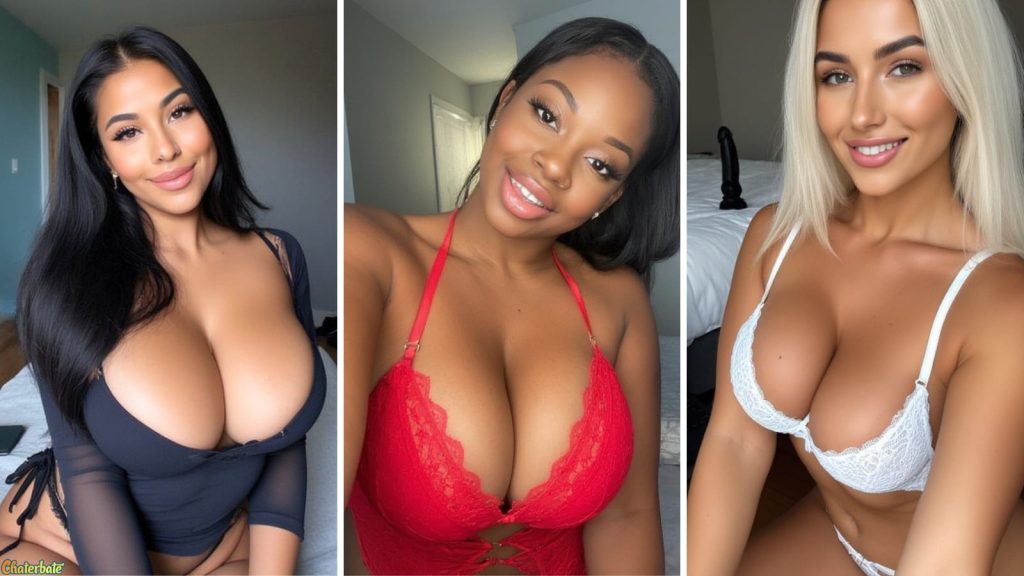 Feature image showcasing three Chaturbate Big Boobs webcam models. A natural, large-breasted Latina, a big tits Ebony in red lace, and a busty Blonde in a white bra live on webcams
