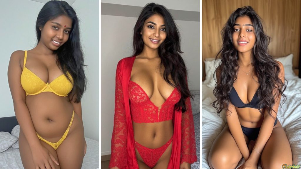 Three beautiful female Indian Chaturbate models posing in bedroom settings, shown side by side in yellow, red, and black lingerie outfits.