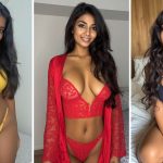 Three beautiful female Indian Chaturbate models posing in bedroom settings, shown side by side in yellow, red, and black lingerie outfits.